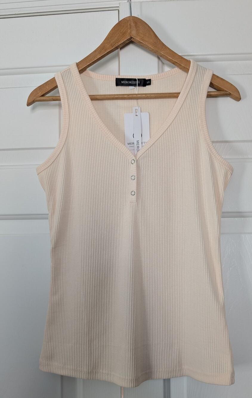 Merokeety Cream Henley Stretchy Ribbed Tank Top NEW!